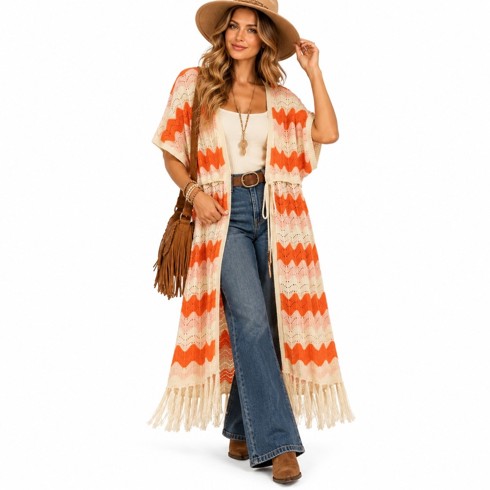 POL Chevron Crochet Duster Womens L Orange Cream Fringe Boho Cardigan NWT